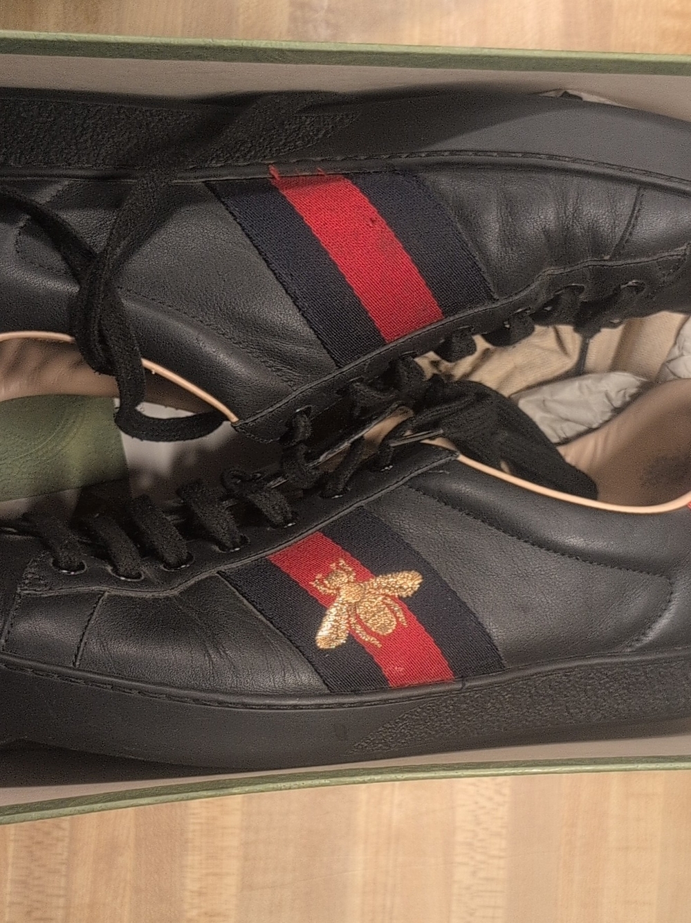 Gucci Black Leather Low-Top Sneakers with Red and Navy Stripe and Gold Bee
